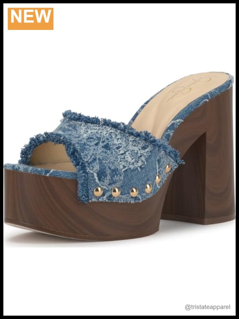 Platform Block Heel Slide Sandals Distressed Denim Peep Toe